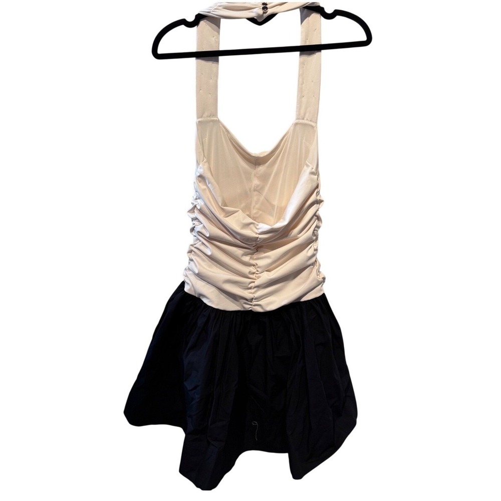 Maeve Anthropologie Halter Ruched Bubble Hem Dress‎ Cream Black Large NEW (E) - Picture 4 of 9